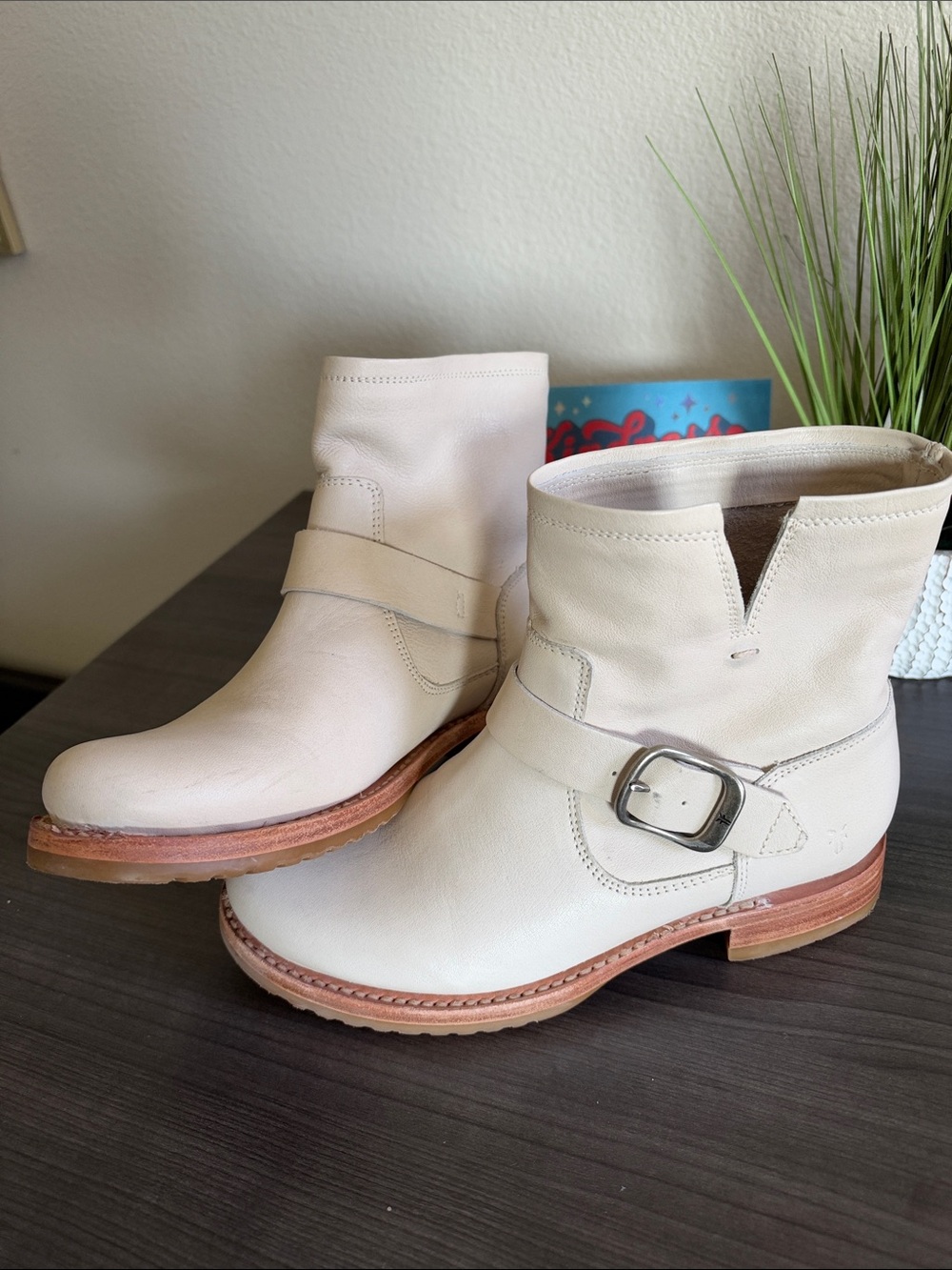 Frye Women’s Ivory Leather Buckle Ankle Booties